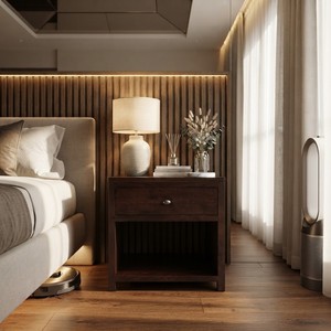 Brown Wood Smart Nightstand with Drawer and Open Shelf Modern Design Vietnam Made Bedroom Furniture - Product Image 6