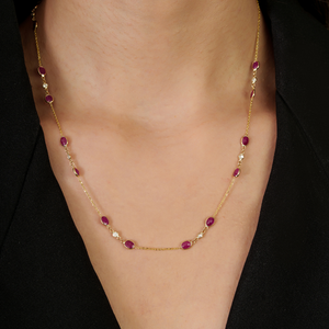 Women's Wholesale Fine Trendy <b>Ruby</b> & Diamond 14K Real Yellow Gold Elegant Station Chain <b>Necklace</b> Anniversary Gift Jewelry - Product Image 2