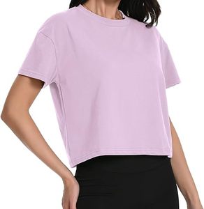 Sexy Women Lavender <b>Cropped</b> Workout T-Shirt Short Sleeve O-Neck Gym <b>Top</b> Solid Color Box Fit Style - Product Image 4