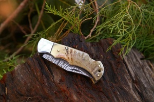 Couteau pliant en acier Damas de haute qualité, meilleur prix de gros, avec manche en corne de bélier et étui en cuir, personnalisable OEM ODM, faible MOQ - Product Image 2