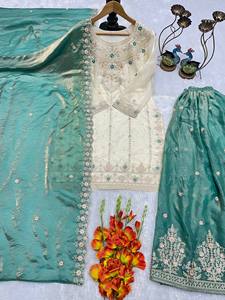 Elegante Conjunto Kurti Palazzo Bordado en Blanco y Verde Mar con Dupatta para Mujer – Traje Salwar Estilo Pakistaní para Fiestas - Product Image 6