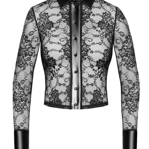 Body de encaje negro transparente para mujer, top corto de manga larga con puños y cuello de cuero PU, lencería sexy - Product Image 5