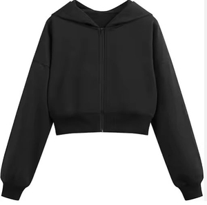 Sudadera con capucha negra para mujer, con cremallera, hombros caídos, manga larga, estilo casual, corta, de color liso. - Product Image 1