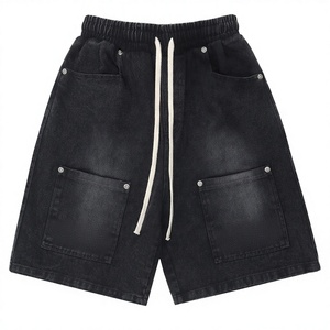 Shorts de skate pour hommes, délavés à l'acide, avec logo personnalisé, en denim 100% coton tricoté épais, taille mi-haute, braguette zippée, coupe ample et respirant - Product Image 1
