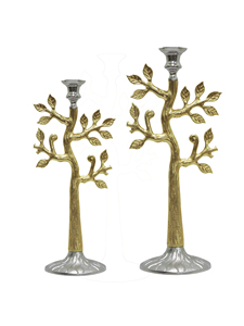 Set of 2 Metal Tree Candle Holders, Gold and Silver Leaf Design <b>Candelabra</b>, Decorative Taper Stands for Elegant Home Decor - Product Image 1