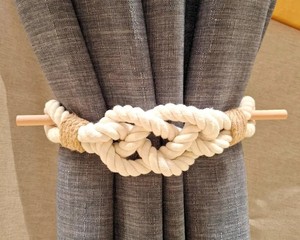 White Cotton Rope <b>Curtain</b> Tieback with Wooden Pin: Elegant Window Accessory - Product Image 3