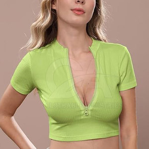 T-shirt court zippé personnalisé pour femme, 100 % coton doux, haut décontracté, t-shirt court zippé sur le devant pour femme, style streetwear tendance, logo personnalisé - Product Image 3