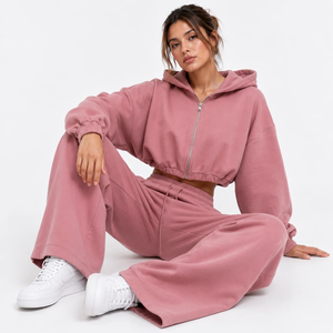 Ensemble de survêtement Vocksin pour femme, rose poudré, avec sweat à capuche court zippé et pantalon large en coton 100% épais, séchage rapide - Product Image 2