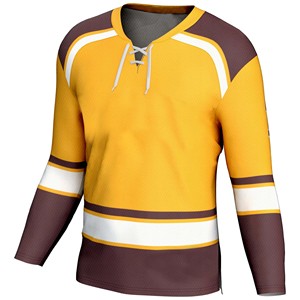 Maillot de hockey sur glace personnalisé pour homme, manches longues, rayures jaunes et brunes, impression sublimée, respirant, évacuant l'humidité - Product Image 1