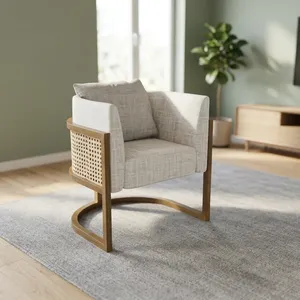 Sillón Moderno de Mimbre con Patas de Madera, Respaldo Sólido Relleno de Espuma, Sillón Individual con Cojín de Tela para Sala de Estar - Product Image 1