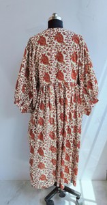 Ethnic <b>Brown</b> Floral Hand Print Cotton Midi Dress With <b>Tie</b> Neck Short Puff Sleeve Loose Fit Casual Dress For Women - Product Image 2
