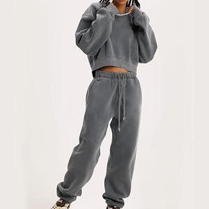 Oversized Gray Cotton Fleece <b>Pullover</b> Sweatshirt Unisex O-Neck Regular Fit Autumn Solid Color Knitted Breathable Sweatshirt Set - Product Image 3