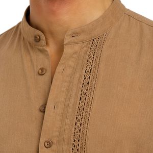 Camisa Casual de Lino y Algodón para Hombre, Color Camel, Cuello Mandarín, Manga Corta, Transpirable, Verano, Mangas Enrollables, Bordada, Personalizada - Product Image 4