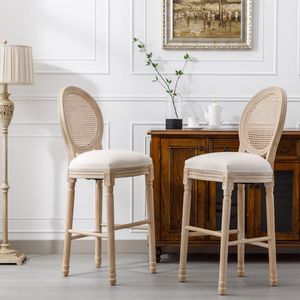 Set of 2 French Country <b>Bar</b> <b>Stools</b> <b>Wooden</b> with Rattan Back & Beige Upholstered Seating Natural Color - Product Image 1