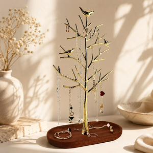 Decorative gold metal <b>bird</b> tree jewellery <b>stand</b> holder with wooden oval dish base, available at wholesale prices. - Product Image 1