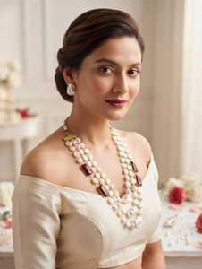 Multi-Strand Imitation <b>Pearl</b> <b>Necklace</b> <b>Set</b> Matching Earrings Long Silver Plated Indian Traditional Anniversary Red Stone Accents - Product Image 1