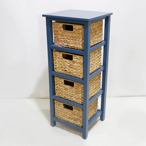 Étagère de rangement en bois bleu avec 4 paniers en jonc de mer, mobilier scandinave moderne pour la maison, design autoportant - Product Image 2