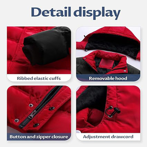 Blouson matelassé à capuche pour homme, rouge et noir, coupe-vent, en polyester, fermeture éclair, manteau d'hiver décontracté et épais - Product Image 3