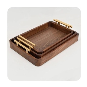 Plateau ottoman élégant en bois massif avec poignées en laiton, ensemble de planches de service décoratives modernes en noyer, décoration intérieure haut de gamme pour hôtels et maisons - Product Image 4