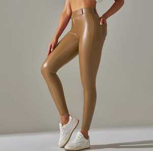 <b>High</b> <b>Waist</b> Full Length Solid Faux <b>Leather</b> Knitted Stretch <b>Leggings</b> Women's Sporty All Seasons - Product Image 3