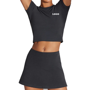 Trendy Women's 2 Piece <b>Knitted</b> <b>Set</b> Black Crew Neck Crop Top With Logo Print Above Knee Skirt Sporty Casual Wear Spring Summer - Product Image 1