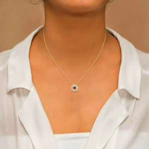 Red Center Floral Halo Diamond <b>Necklace</b> with Layered Round Sparkle Frame and Elegant <b>Statement</b> Design - Product Image 5