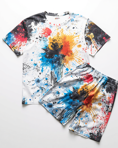Conjunto de camiseta y pantalones cortos de algodón para hombre con estampado de salpicaduras de pintura coloridas, atuendo informal de verano, cuello redondo, estilo tejido transpirable - Product Image 4