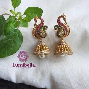 18K Gold Plated Pearl Drop Charm Earrings-Ethnic Religious Geometric Jhumki - Product Image 2