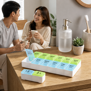 Weekly Pill Organizer Plastic Rectangle Classic Design With Am Pm Compartments <b>For</b> Daily Medication Storage - Product Image 2