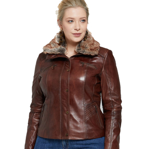 <b>Women's</b> Brown Faux <b>Leather</b> Blazer-Style Windproof <b>Moto</b> <b>Jacket</b> Button-Up Collar Zipper Closure Winter Coat Polyester Lining Woven - Product Image 1