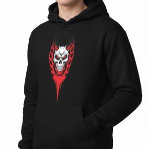Sweat à capuche en molleton noir pour homme avec logo personnalisé, vente en gros, streetwear, motif crâne de démon et flammes, pull épais pour l'hiver - Product Image 6