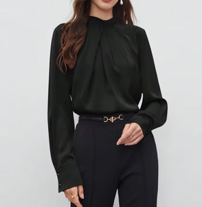 Custom Made Lady's Long Sleeve Fashion <b>Satin</b> <b>Blouse</b> Women's Shirt with Pleated Collar - Product Image 2