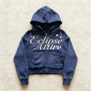 เสื้อฮู้ดดี้โอเวอร์ไซส์ผ้าคอตตอนหนา 430 GSM สไตล์วินเทจ แต่งลายปักและลายพิมพ์เพชร  แบบซิป  ทรงปกติ  สไตล์ Y2K สำหรับฤดูใบไม้ผลิ - Product Image 1