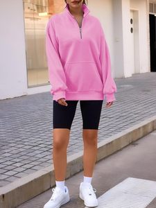 <b>Women's</b> Oversized Pink <b>Quarter</b>-<b>Zip</b> <b>Sweatshirt</b> Drop-Shoulder Fleece Pullover Solid Color Stand Collar Long Sleeve Autumn Wear - Product Image 6