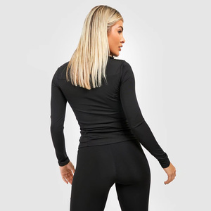 Women's Full Sleeve Full-Zip Solid Black Fitness <b>Jacket</b> Breathable Spandex Polyester Top Regular Fit All Seasons Sport Wear - Product Image 2