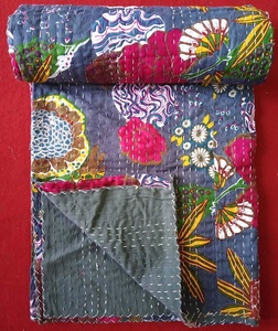 Manta con estampado de frutas Kantha hecha a mano india, ropa de cama doble Bohemia, edredones Kantha, colcha Hippie para decoración de habitación - Product Image 3