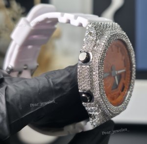 Montre de luxe pour homme Hip Hop, cadran orange, boîtier rond, lunette en moissanite VVS, montre-bracelet analogique-numérique - Product Image 6