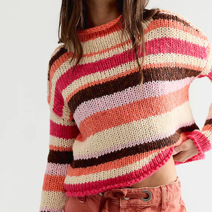 Custom Made Women's Striped Knitted Crop Sweater Crew Neck Full Sleeve Acrylic Pullover Autumn Casual Style Hand Knitted Sweater - Product Image 1