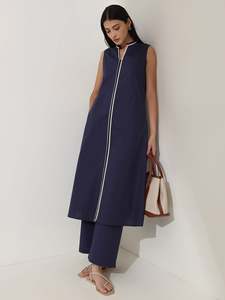 Navy Blue <b>Sleeveless</b> Maxi <b>Dress</b> With Contrast Binding Stand Collar Loose Fit Casual Daily Wear <b>Summer</b> Woven Cotton <b>Dress</b> - Product Image 1