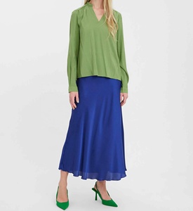 Blusa Casual de Verano para Mujer, Tejida, Verde Sólido, Cuello Camisero, Mangas Largas Abullonadas, Transpirable, Ecológica, Antiarrugas - Product Image 4