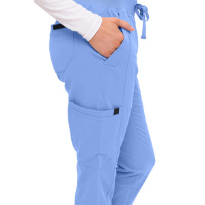 Conjunto de uniforme médico azul claro para mujer: blusa de manga corta y pantalón con cintura elástica, tejido de mezcla de algodón, apto para detección de agujas. - Product Image 5