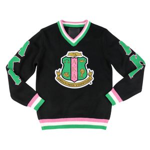 <b>Black</b> AKA V Neck Sweater With Pink Green Trim Embroidered Crest Pullover Knit <b>Top</b> Stylish Casual Apparel For Women - Product Image 1