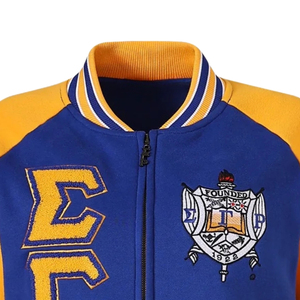 เสื้อแจ็คเก็ตฟลีซพรีเมียมสีน้ำเงิน Sigma Gamma Rho สไตล์ Letterman แบบซิป  คอและปลายแขนเสื้อแบบริบ  ปักลายแบบกำหนดเองได้ - Product Image 3