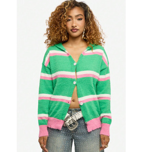 Women’s Striped Hooded <b>Cardigan</b> <b>Sweater</b> Custom Knit Button Front Oversized Casual Fashion <b>Sweater</b> OEM ODM Manufacturer - Product Image 4