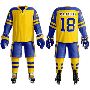 Custom Sublimated Breathable Ice Hockey Jersey Unisex Winter/Spring Yellow Blue Full Sleeve Moisture Wicking 100% Polyester Team - Product Image 1