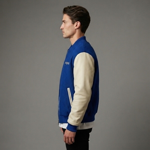 Men's Royal Blue Wool <b>Jacket</b> Cream Sleeves Custom Logo Rib Knit Collar Cuffs Zip Front Premium Streetwear Bomber Outerwear Style - Product Image 3