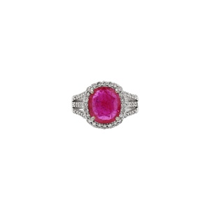 Anillo de Oro Blanco Sólido de 18K con Rubí Ovalado Natural y Doble Halo de Diamantes, Joyería Fina, Memoria Jewels, Venta al Por Mayor - Product Image 1