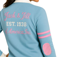 Jack and Jill Varsity Strickjacke Hellblau Damen Premium Strickpullover mit Wappen-Aufnäher Perlmuttknöpfe Klassische Passform