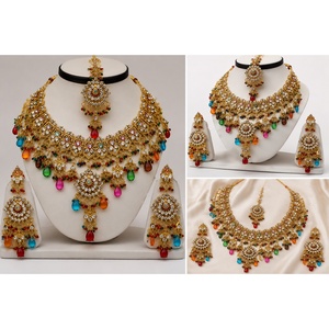 Gold Plated Brass Zircon Imitation Pearl Vintage Flower Artificial Jewelry Set (Necklace Earrings Headpiece) Women Wedding Party - Product Image 4