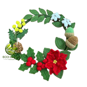 Couronne de Noël au crochet faite à la main, avec poinsettia et baies, décoration florale rustique pour porte, style ferme, pour les fêtes, fourniture OEM ODM - Product Image 1